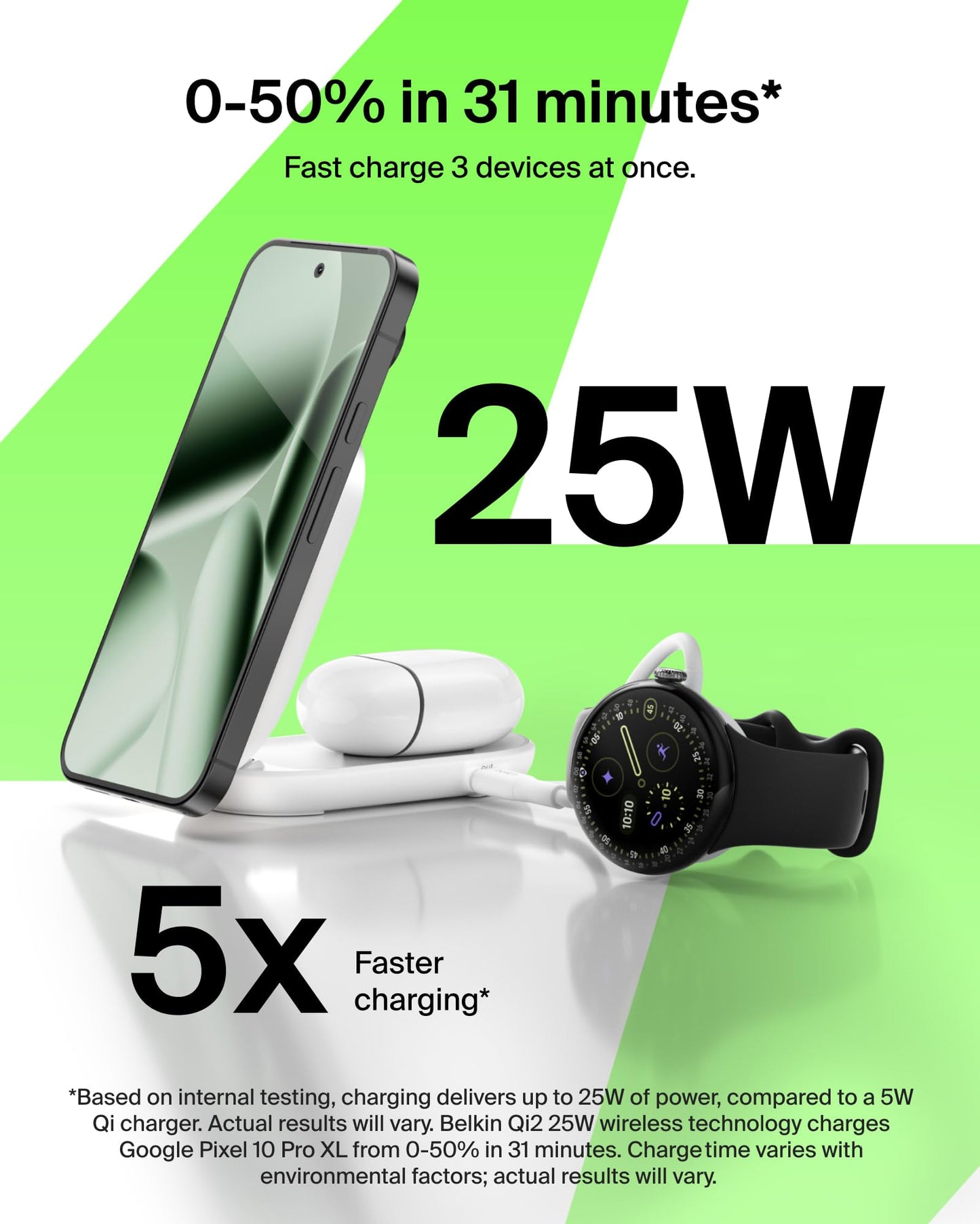 Belkin MagSafe Charger, Compatible 2-in-1 Charging Station, Qi2.2 25W Magnetic Wireless Charger iPhone, Foldable Stand, with 5W USB-C Port, for iPhone 17/16/15, Pixel 10, AirPods, 45W Adapter Included