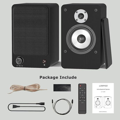 LONPOO Powered Bookshelf Speakers for Record Player,2.0CH Bluetooth Active Near Field Monitors with 1-inch Silk Domed Tweeter and 4-inch Aluminium Speaker for Home Theater, 100 Watts RMS
