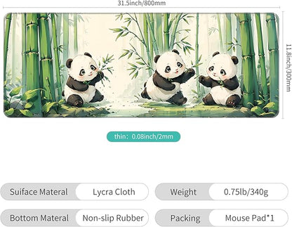 Dynippy Thin Extended Gaming Mouse Pad （31.5 * 11.8 * 0.08 inch） with Stitched Edges Large Mousepad Long XXL Keyboard and Mouse pad Desk Mat for Gaming Office & Home - Cute Panda