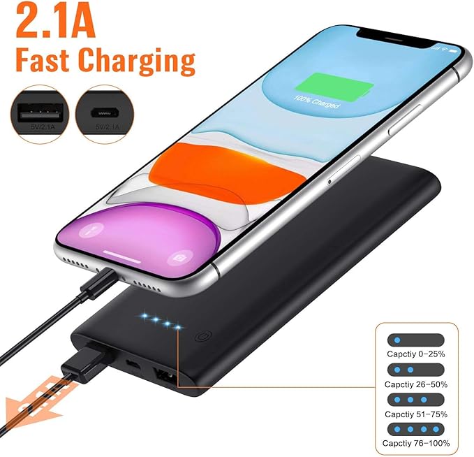 AONIMI [2 Pack] Portable Charger Power Bank 10000mAh,Ultra Slim Portable Phone Charger with Dual USB Outputs,Backup External Battery Pack Compatible with iPhone 15/14/13/12,Samsung etc-Black+Black