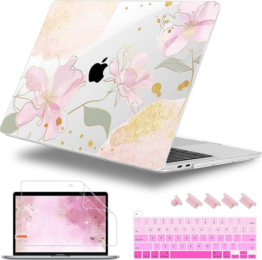 Lepeoac Case for MacBook Pro 13 inch Case M2 2022-2016 A2338 M1 A2251 A2289 A2159 A1989 A1708 A1706, Plastic Hard Shell + Keyboard Cover + Dust Plug - Gold Blossom Flowers