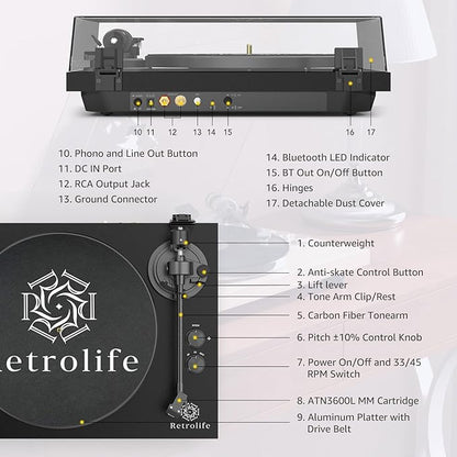 Record Player Wireless Output Turntable Carbon Fiber Tonearm Vinyl Player Aluminium Platter Belt-Drive LP Turn Tables 2 Speed RPM Phono RCA Line Output AT-3600L MM Cartridge Audio Sound Pure Black