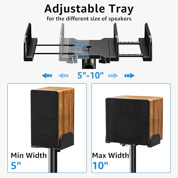 MOUNTUP Universal Speakers Stands Pair 34" to 43.3" Height Adjustable Holds Bookshelf Speakers Satellite Speakers Up to 11LBS Cable Concealing 1 Pair Spring-Loaded Plate Extends to 10" MU9138 Black