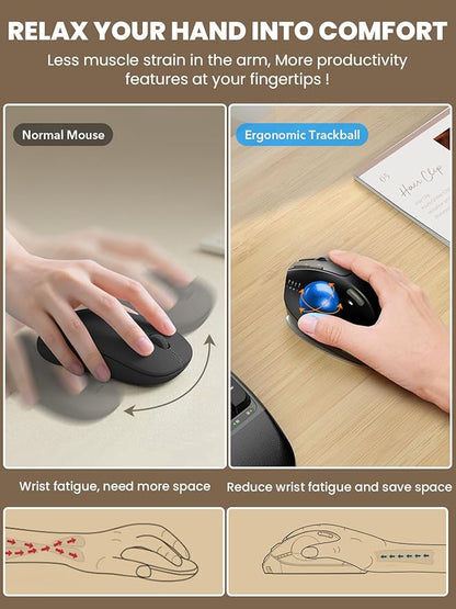 Wireless Trackball Mouse, Ergonomic Bluetooth Rechargeable Computer Mouse, Backlit Rollerball Thumb Laptop mice with 5 Level DPI, Adjustable Angle, 3 Devices Connection for PC, Windows - Blue Ball