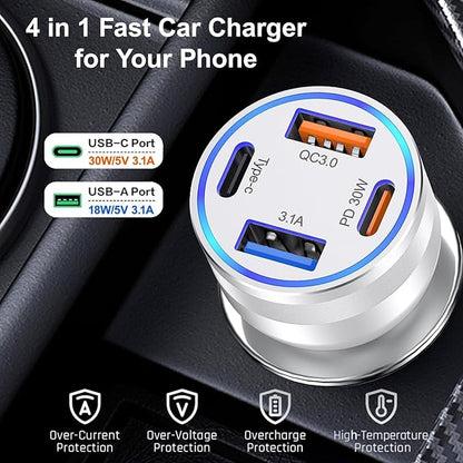 65W Car Phone Charger USB C, 5 Pack 4-Port Cigarette Lighter Adapter, 12V USB C Fast Car Charger Type C Car Adapter, Car Accessories for iPhone 16E 16 15 14 13 12 Pro Max,Galaxy,Pixel,iPad,Android