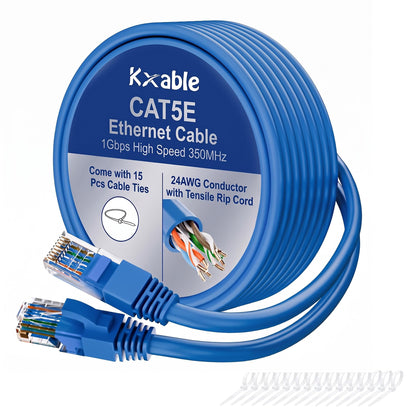 Cat5e Ethernet Cable 50 FT, Long Cat 5e Internet Cable, Yellow Snagless Patch Cord, Flexible, Network, LAN, PoE, Standard RJ45 Connector for PC, Server, Router, Modem, TV, PS5 - with 15 Cable Ties