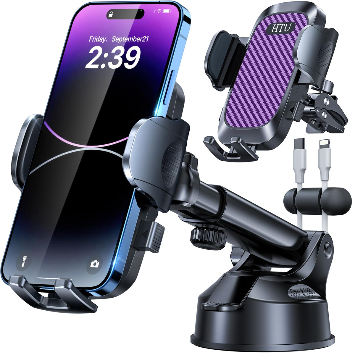 2026 Ultimate Best【True Military-Grade & Safety Cert】Car Phone Holder HTU【Upgraded 360° Rotation & 100LBS Strongest Suction】5-in-1 Truck Windshield Dashboard Vent Mount Stand for iPhone Android, Black