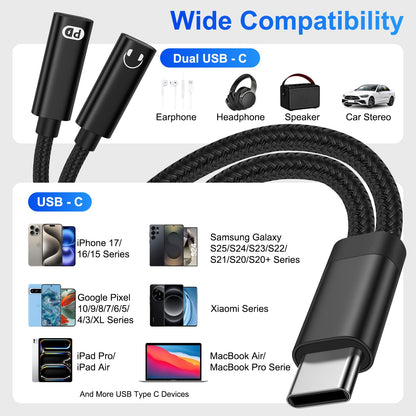 USB-C Headphone and Charger Adapter,2in1 USB C Splitter Dongle Cable with 60W Fast Charging Audio Adapter for iPhone 17 Pro Max 16e 16 Pro 15 Plus Samsung Galaxy A17 A16 A15 A36 A56 A55 S25 FE S24 S22