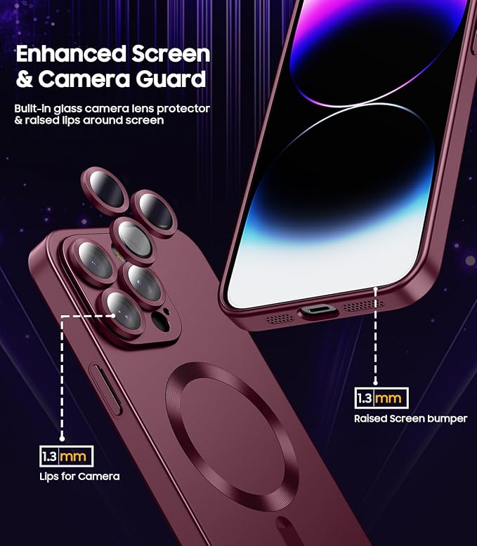Magnetic for iPhone 14 Pro Max Case [Compatible with MagSafe][Built-in Camera Lens Protector] Slim Soft TPU Bumper Shockproof Metallic Luster Phone Case (Burgundy)