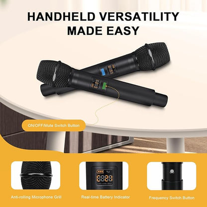 4-Channel Wireless Microphone System,UHF Cordless Mic Set w/ 4x10 Frequencies, 200ft, 2 Handheld Dynamic Mics, 2 Bodypacks & Headset/Lapel Microphones for Singing, Karaoke, DJ (MWM-41-2H2B)