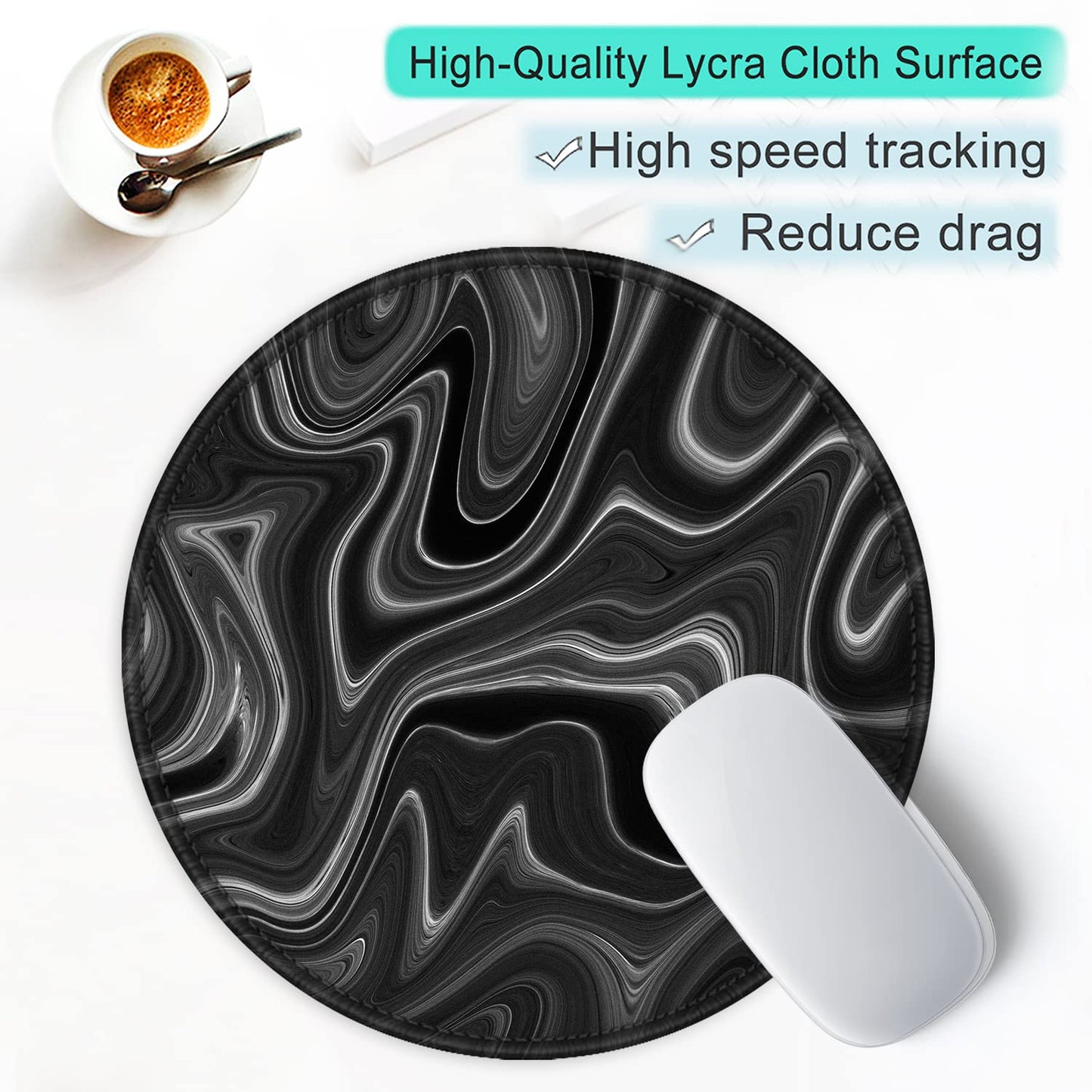 ITNRSIIET Round Mouse Pad with Stitched Edge Premium-Textured Waterproof Non-Slip Rubber Base Desktop Protection Mat Diameter 8.7 inches, Abstract Black and White