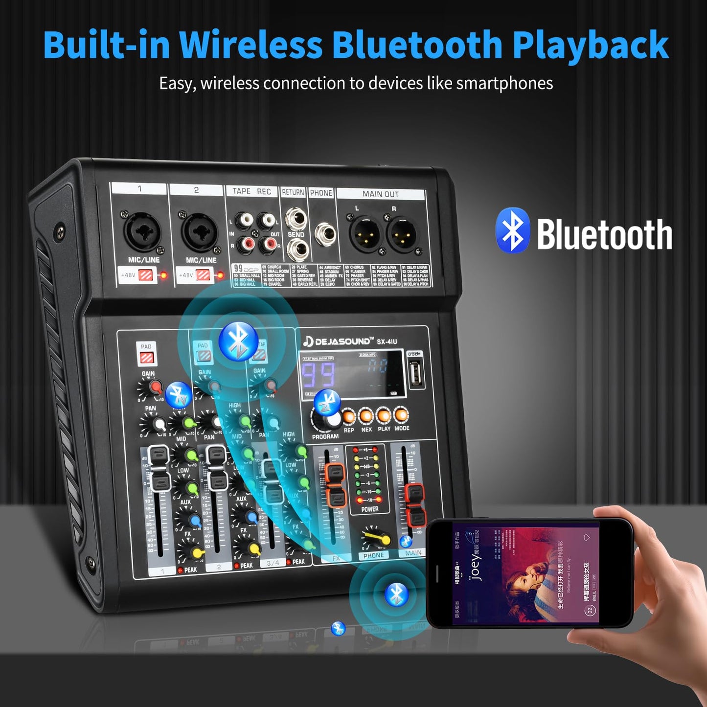 4-Channel Audio Mixer for PC, SX-4iu Mixing Console with XLR Inputs, Bluetooth, 99 Digital Signal Processor Effects, USB Interface, MP3 Compatible for Podcast, Music, Recording 9.84"x2.17"x9.84"inches