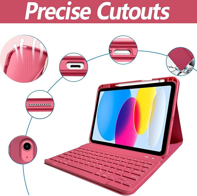 Keyboard Case for iPad 11th 10th Generation - iPad 10th Generation Case with Detachable Wireless Keyboard - Smart Folio Cover with Pencil Holder for 11-inch A16 2025 10.9-inch 2022, Red