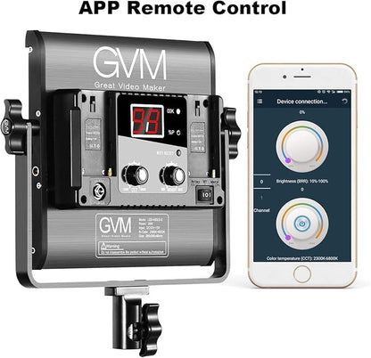 GVM Led Bi-Color Video Lights with APP Function, Variable CCT 2300K-6800K and 10%-100% Brightness with Digital Display for Video Studio Shooting, CRI97+ TLCI97 Led Light Panel +Barndoor