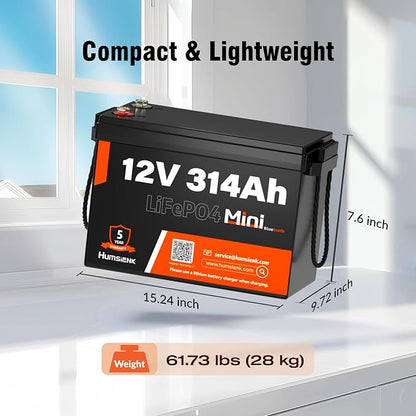 2 PCS Bluetooth 12V 314Ah LiFePO4 Lithium Battery MINI, Max. 4190Wh Energy, EV A+ Cells, Built-in 100A BMS, 15000 Deep Cycles Battery with Low-Temp Protection for RVs, Solar System, Off-Grid