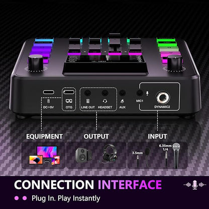 Pupgsis Gaming Audio Mixer, Audio Interface, Sound Board With Pro-Preamp, Noise Cancellation, RGB, Bluetooth, Volume Fader For Streaming/Podcasting/Gaming Maonocaster/Content Create, 6.35mm
