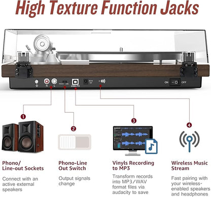 Turntable Record Player Wireless Output Vinyl Players Aluminium Platter and Tonearm Belt-Drive LP Turntables 33 45 RPM Phono Audio AT-3600L MM Cartridge RCA Line USB Digital to PC Recording Dark Brown