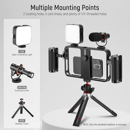 NEEWER Phone Stabilizer Video Rig Kit, Aluminum Handheld Phone Cage with Silicone Handles&Adjustable Phone Clip Compatible with iPhone 14 Plus 14 Pro Max 13 Pro Max Samsung for Vlogging Live Streaming