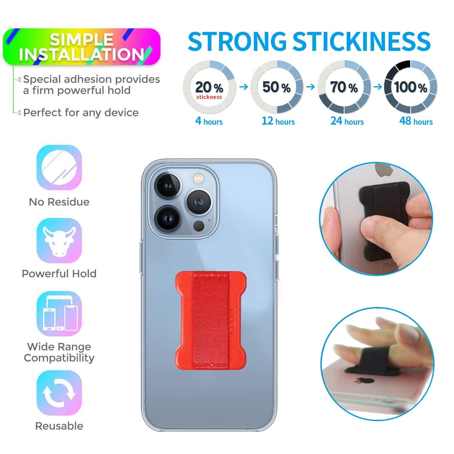 WUOJI Universal Phone Grip for Smartphones - Phone Holder for Hand - Wireless Charging Compatible (Red) - 2Pack