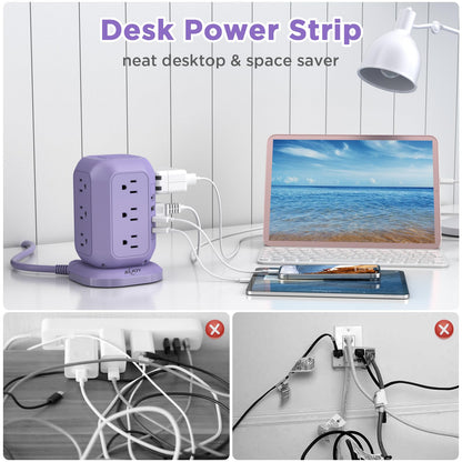 AiJoy USB C Power Strip Tower with 12 AC Outlet and 4 USB Ports Purple