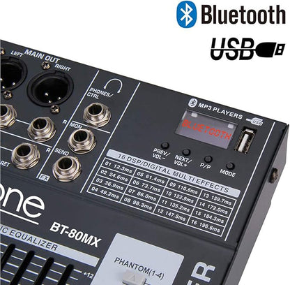 Boytone Dj Mixers 8 Channel Audio Mixer Sound Board with Bluetooth, USB MP3 Port Player with 48V Phantom Power Sounds Mixer with 16 Bit FX Effect, BT-80MX