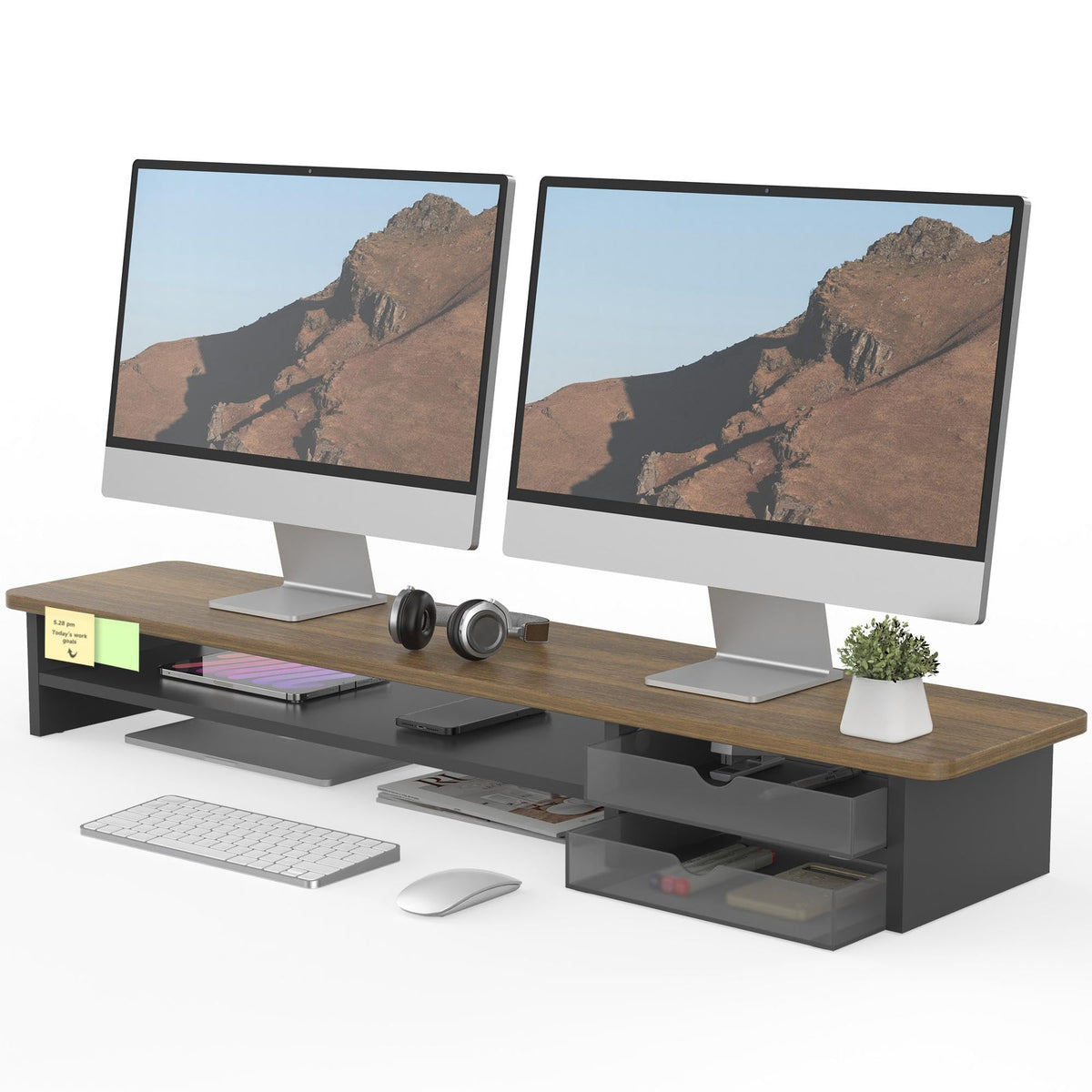 Fenge Monitor Stand, Desk Computer Riser with Frosted Storage Drawer, Oak