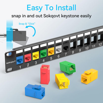 Sokqovt 24 Port Blank Keystone Patch Panel with Snap-in Design (4 Pack), Cat6 Network Patch Panel 1U 19 inch, Rack Mount Ethernet Patch Panel (for Slim Keystone Only)