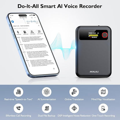 AI Voice Recorder with Transcribe Summarize: Note Voice Recorder with APP Control, 30H Continuous Recording, 64GB Memory Support 100+ Languages, AI Recorder for Calls, Lectures, Meetings