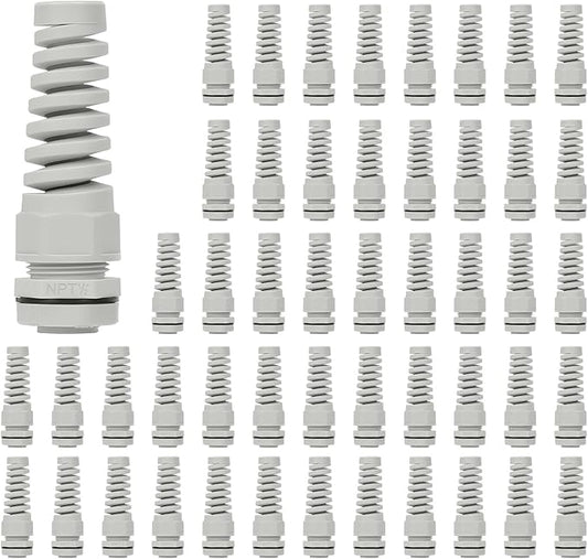 LeMotech 50Pcs NPT 1/2" IP68 Waterproof Cable Gland Flex Spiral Strain Relief Grey Nylon Joint with Gaskets for 6-12mm Wire Thread