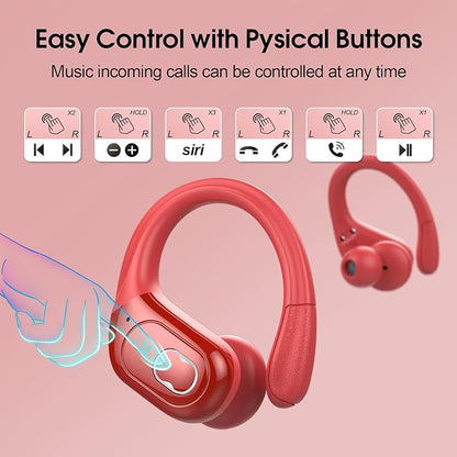 Wireless Earbuds 75hrs Bluetooth 5.4 Headphone Sport, 2025 Bluetooth Earbuds Stereo Deep Bass Over Ear Bud with Earhooks, ENC Noise Cancelling Mic, IPX7 Waterproof Earphone, Red