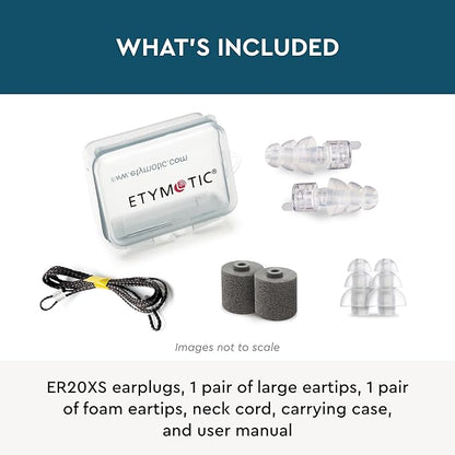 Etymotic ER20XS ETY Earplugs Set - High-Fidelity Hearing Protection - Up to 20 dB Sound Reduction - Reusable - Includes 1 Pair of Large, Standard, and Foam Eartips, Neck Cord & Case