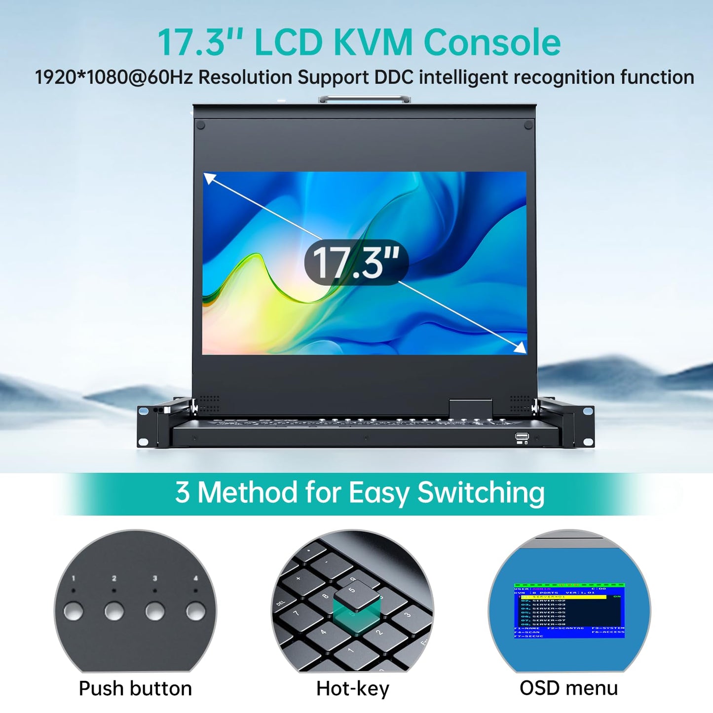 MT-VIKI® KVM Rack Mount HDMI with 17.3'' LCD Monitor, 1080P@60Hz Support OSD/Hotkey, Included 8 KVM Cables+Keyboard + Touchpad, Fit 1U 19'' Rack, Mount Depth 23.6-31.8"