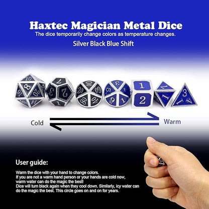 Haxtec Heat Sensitive Metal DND Dice Set Color Changing Metal Dice Temperature Polyhedral D&D Dice Compatible with Dungeons and Dragons RPG-Silver Black Blue Shift