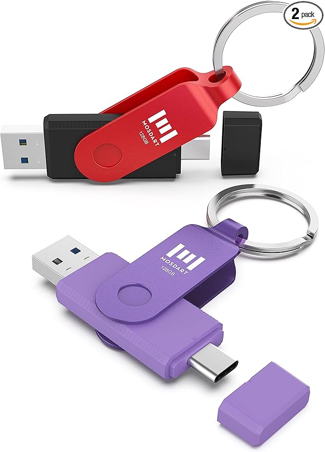 MOSDART 128GB USB3.1 Fast Speed C and A Dual Flash Drive, exFAT Memory Stick with Keychain and LED Indicator, for iPhone 15 and 16, Android Phone, iPad, MacBook, Red and Purple(Pack of 2)