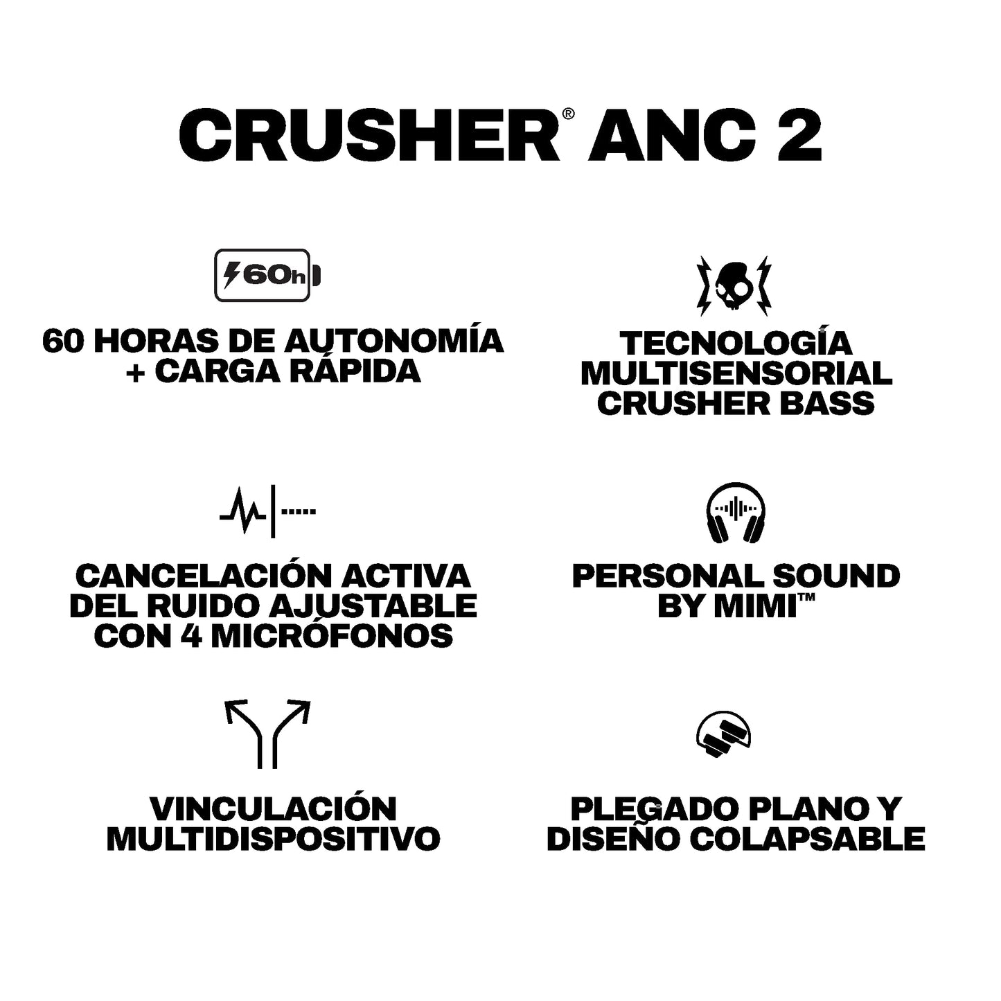Skullcandy Crusher ANC 2 Wireless Over-Ear Bluetooth Headphones with Extra USB-C Charging Cable, Multi-Sensory Bass, Active Noise Cancelling, 60 Hours Battery, Microphone iPhone Android - Bone