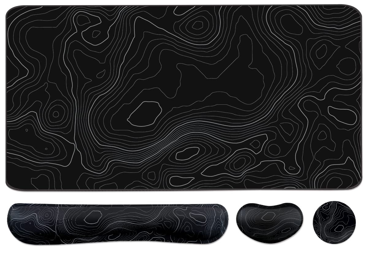 Topographic Large Mouse Pad and Keyboard Wrist Rest, Desk Pad for Keyboard and Mouse, 4-in-1 Large Gaming Mouse Pad with Wrist Support, Non-Slip Desk Mat for Home Office Study Game-Topographic Contour