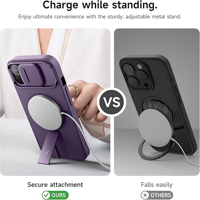 SURITCH for iPhone 15 Case with Magnetic Camera Slide Cover and Adjustable Kickstand, Compatible with MagSafe, Shockproof Bumper Case Slim Protective Cover 6.1 Inch, Dark Purple