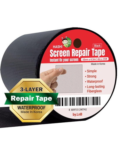 HA SHI Screen Repair Kit for Windows or Doors (4" x 15FT, Black) 3-Layer Strong Adhesive Tape, Made in Korea, Ease-Installation Fiberglass Covering Mesh