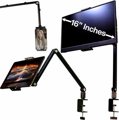 Portable Monitor Stand 16 Inch - Heavy Duty Aluminum Adjustable Monitor Mount with Articulating Arm, 360° Rotation, Cable Management - Professional Desk Setup for Tablets, Phones 4.7-16"