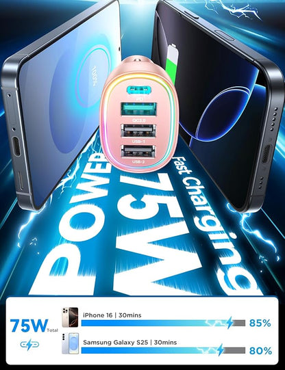 USB C Car Charger Cigarette Lighter Adapter 75W 4-Port Fast Car Charger Fast Charging Compatible with iPhone16/15/14/13 Series- Pink