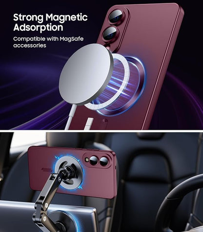 Magnetic for Samsung Galaxy S25 Edge Case [Compatible with MagSafe][Built-in Camera Lens Protector] Slim Soft Silicone Bumper Shockproof Metallic Luster Phone Case (Burgundy)