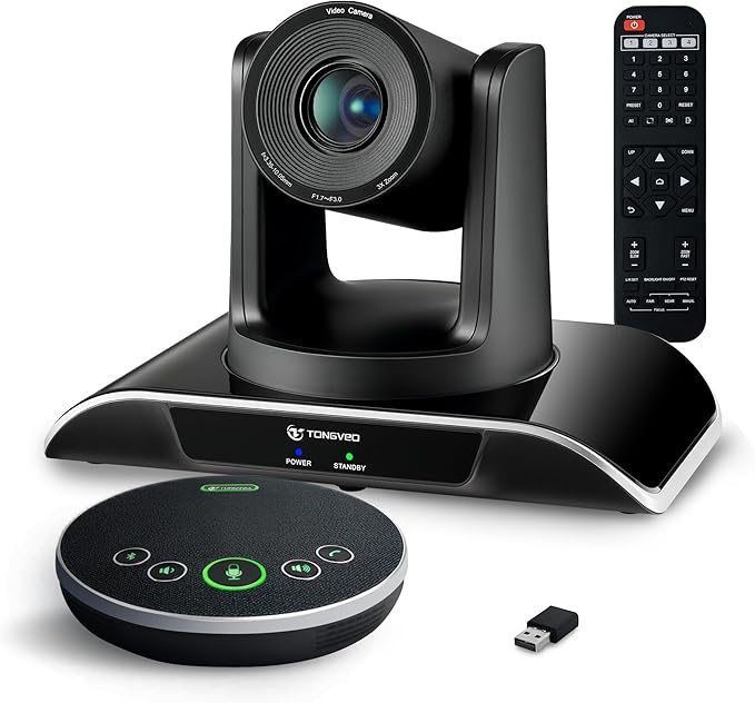 TONGVEO All-in-One Conference Room Video Camera System Bundle HD 1080P 60fps 3X Optical Zoom USB3.0 HDMI PTZ Camera and Bluetooth Conference Speakerphone with Microphones