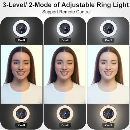 4K Webcam with Light, HD Webcam for PC with Remote Control, Built-in Privacy Cover, Adjustable Brightness, Noise Reduction Mics, for Zoom Skype Teams Laptop and Google Meet
