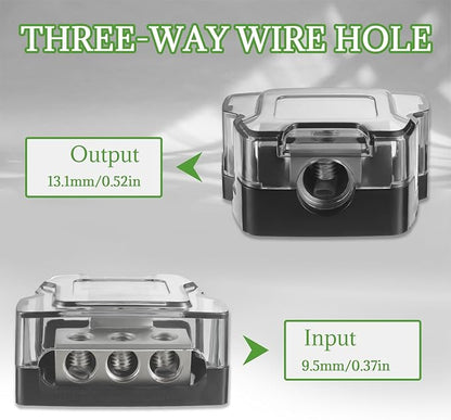 BOJACK 3 Way Power Distribution Connecting Block 1x0/2/4 Gauge Input 3x4/8 Gauge Output Power Distribution Block for Car Amplifier Audio Splitter