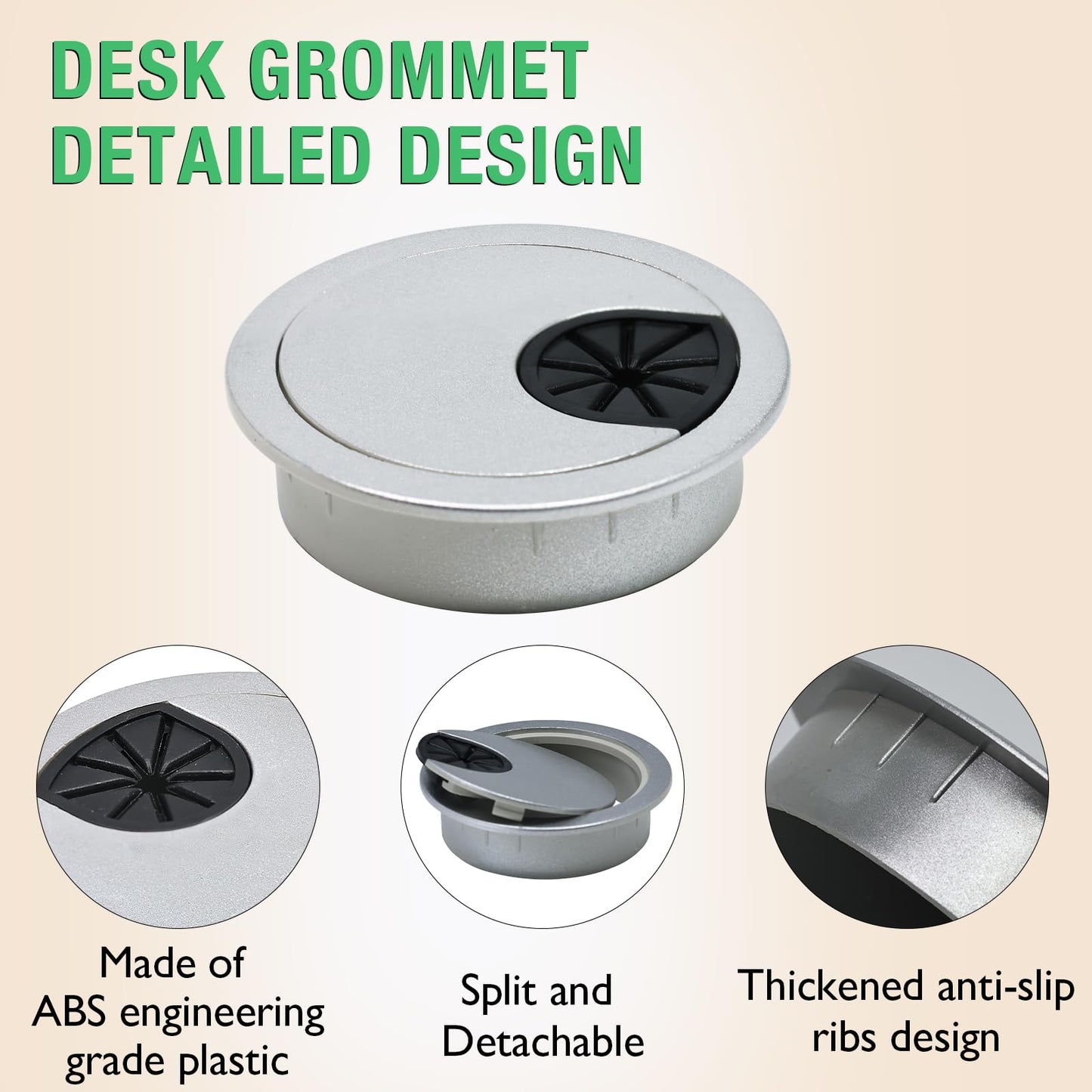 EASYEAH 10 Pcs Desk Grommet 2-3/8" / 60 mm, Desk Cord Hole Cover, Cable Grommet ABS Plastic, Desk Hole Grommet for Home & Office Pc, Detachable Cable Cord Organizer-Silver Sand