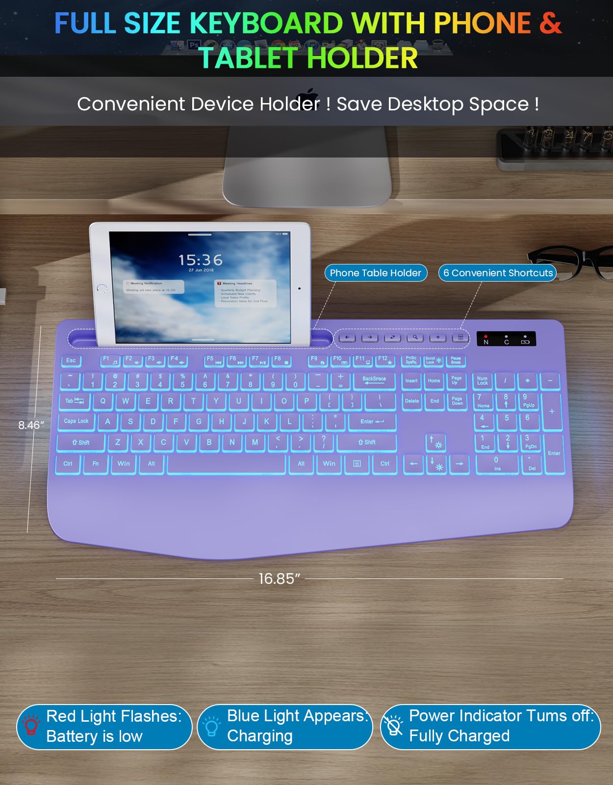 Wireless Keyboard, 7 Colored Backlits, Wrist Rest, Phone Holder-Purple