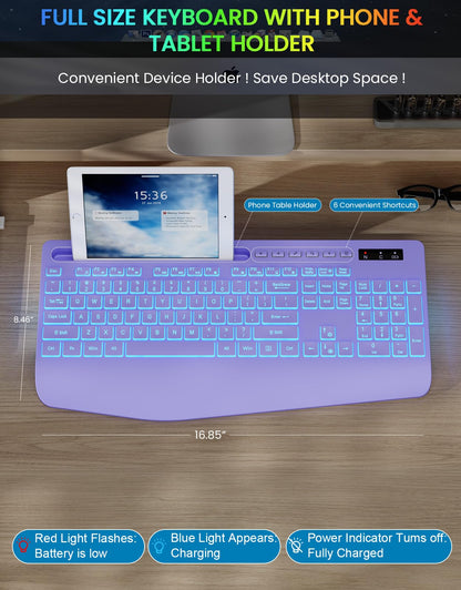 Wireless Keyboard, 7 Colored Backlits, Wrist Rest, Phone Holder-Purple