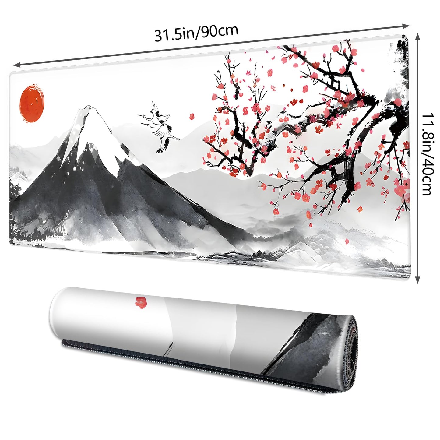 Galdas Mouse Pad for Gaming, Japanese Desk Mat,XXL XL Large Mouse Mat Long Extended Mousepad Non-Slip Rubber Mice Pads Stitched Edges Thin (31.5 x 11.8 x 0.12 Inches) Ink and Wash