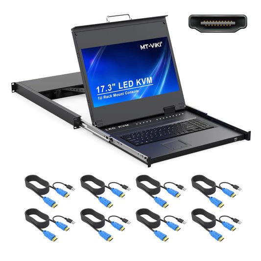 MT-VIKI® KVM Rack Mount HDMI with 17.3'' LCD Monitor, 1080P@60Hz Support OSD/Hotkey, Included 8 KVM Cables+Keyboard + Touchpad, Fit 1U 19'' Rack, Mount Depth 23.6-31.8"