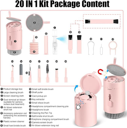 walrfid Laptop Phone Screen Cleaner Kit, Computer Keyboard Brush Cleaning Spray for iPhone AirPods MacBook iPad, 20-in-1 Electronic Device Clean Tool for Camera Earbud Car Screens (Pink)